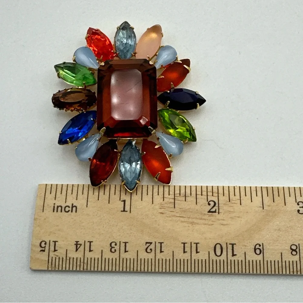 Vintage Rhinestone Multi Color Large‎ Amber Center Brooch/Pin #629